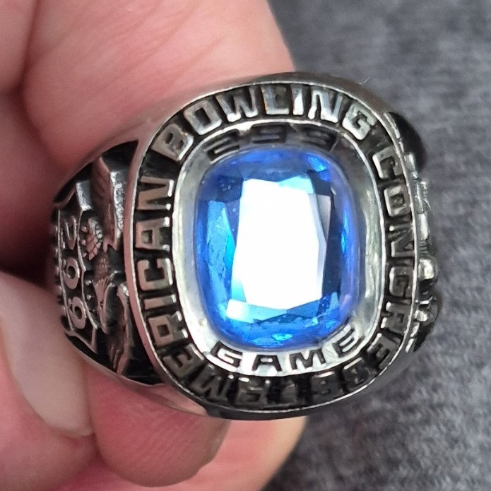 Stainless Steel Engraved Bowling Signet Band Ring Blue Cushion Stone Size 9.5