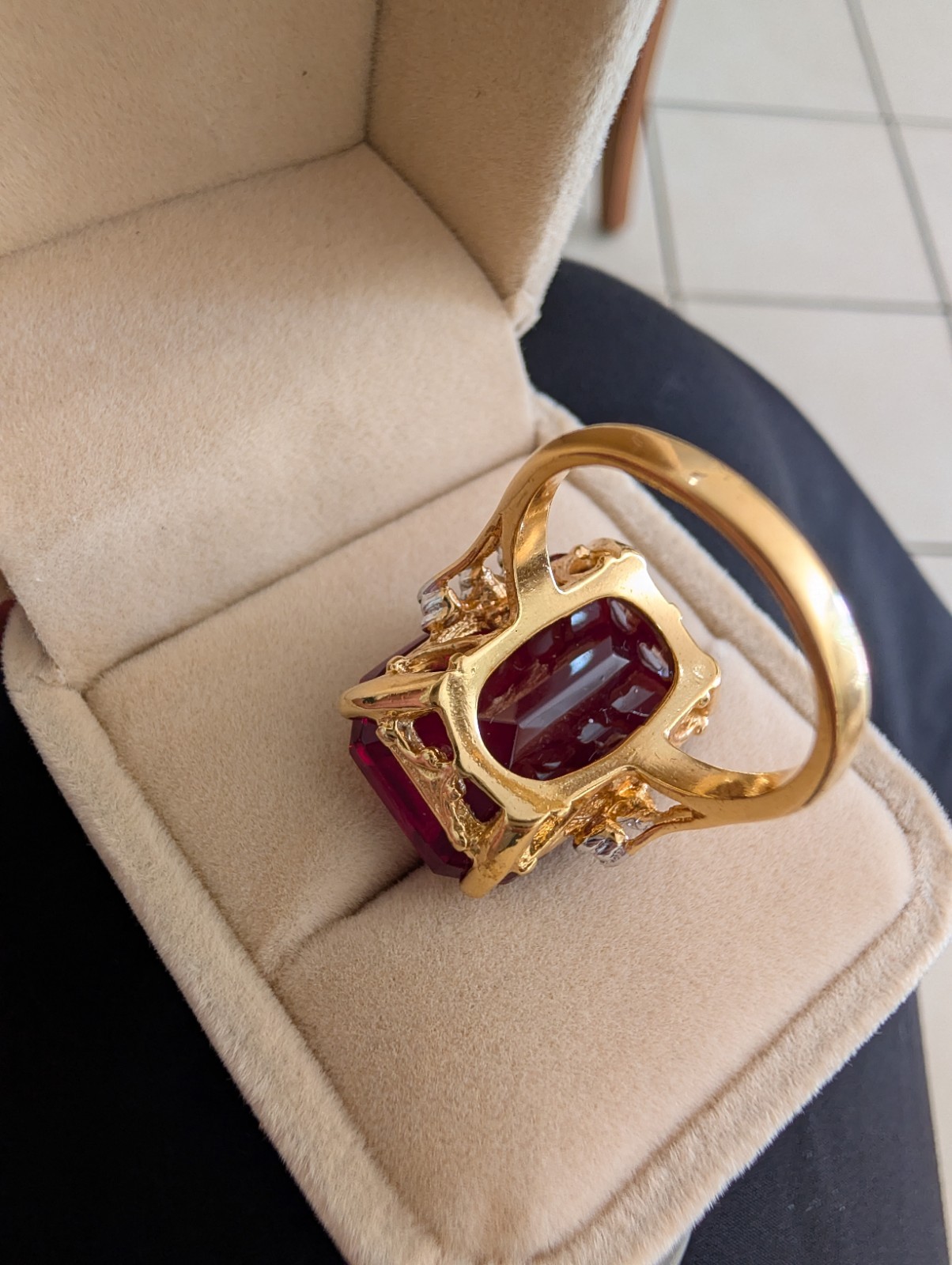 Massive Ruby-Style Red Stone Cocktail Ring 18K GEP Glam Size 8.75
