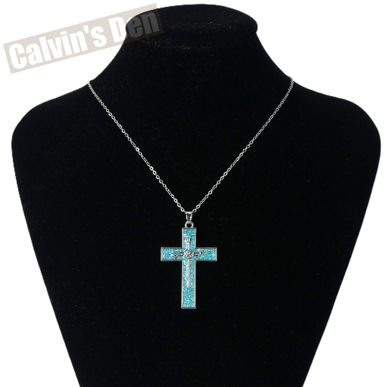 Blue Turquoise Stone Chip Inlay 3-Nail Cross Overlay Pendant Necklace Boho