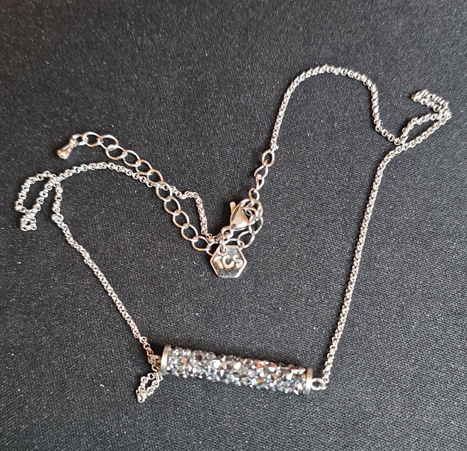 ICS Silver Tone Clear Crystal Pavé Bar Pendant Box Chain Necklace Signed