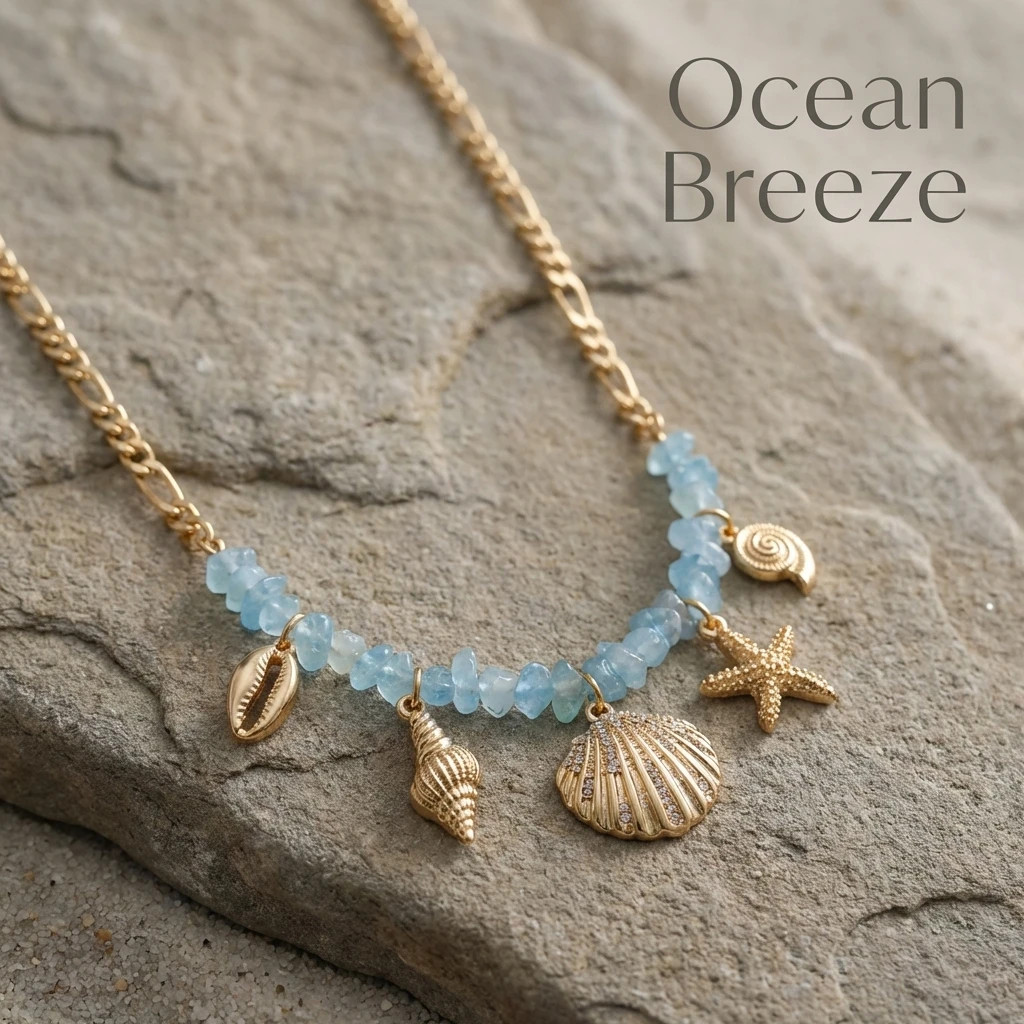 Light Blue Shell Starfish Conch Pendant Necklace for Women Summer Vacation Style