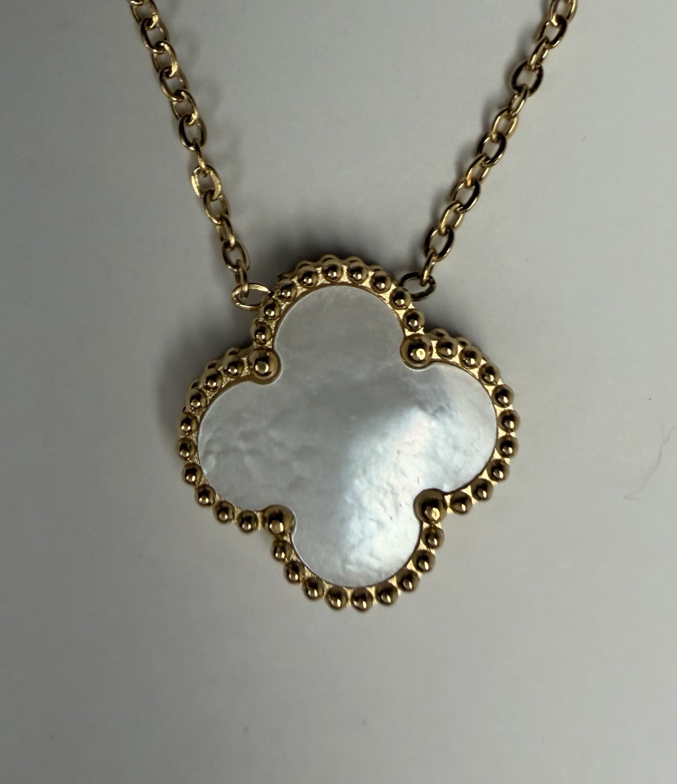 Yellow Gold Plated Mother of Pearl Clover Pendant Necklace 15 in