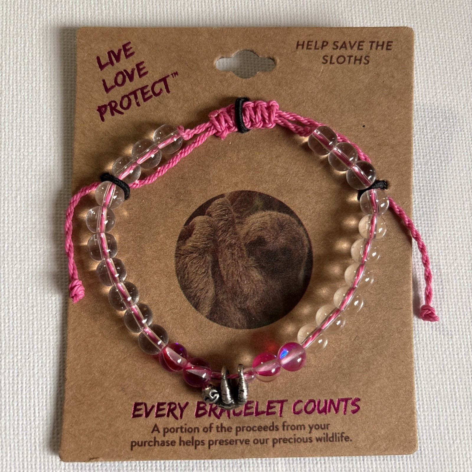 Live Love Protect Pink Clear Sloth Adjustable Beaded Bracelet