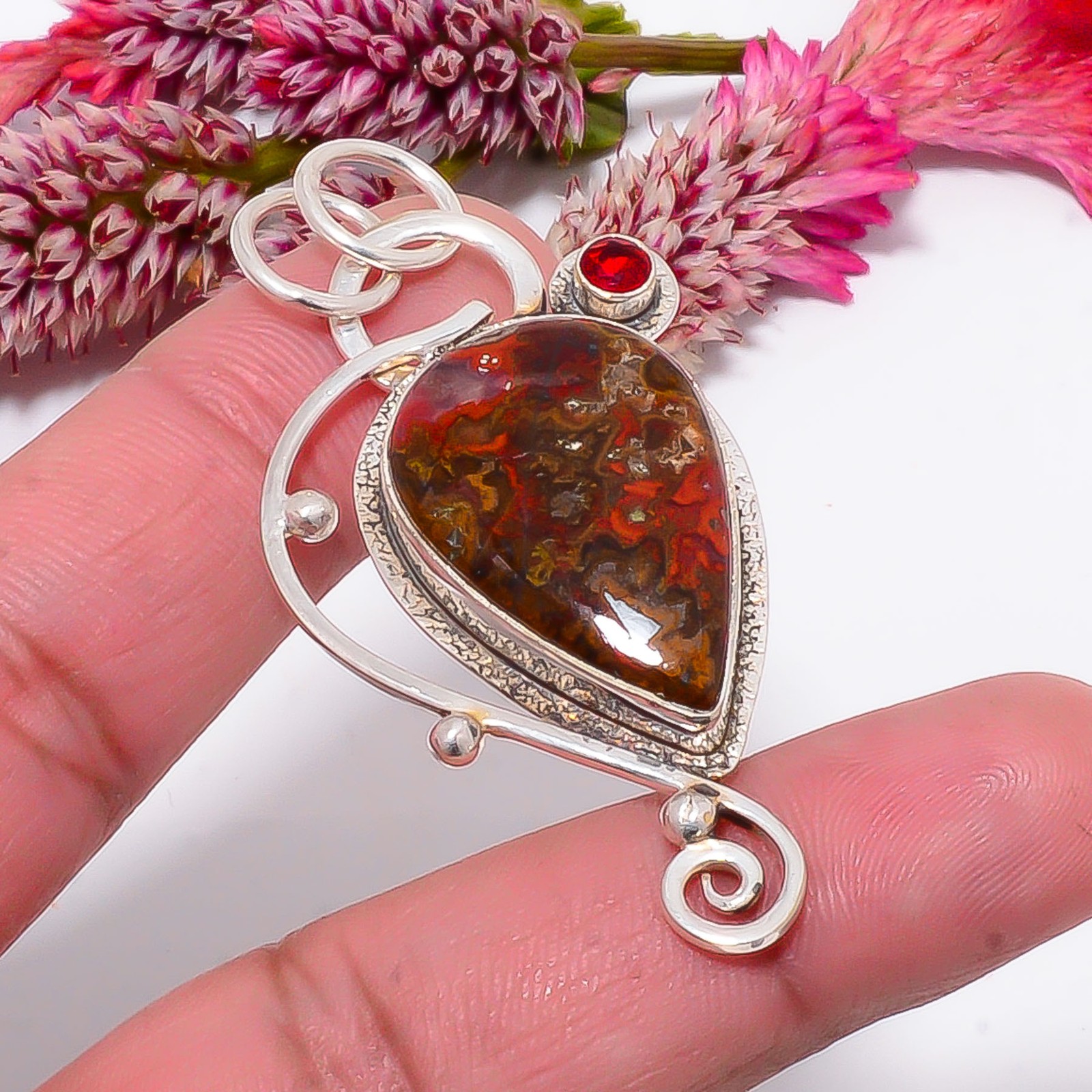 Seam Agate – Morocco & Red Garnet 925 Sterling Silver Pendant 2.26″ sku49