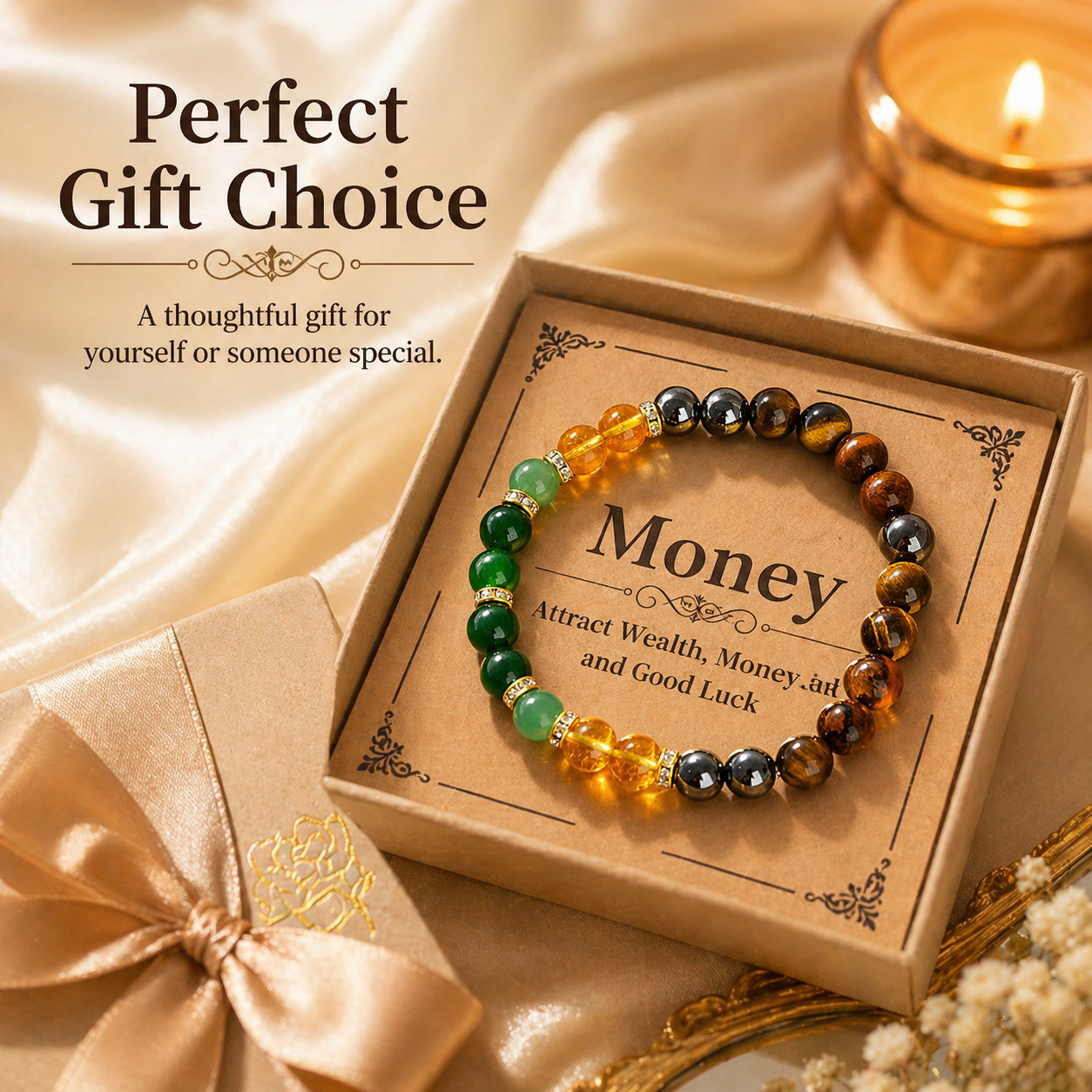 Stretchable Money Gemstone Bracelet Beads Attract Wealth for Women Men Gifts