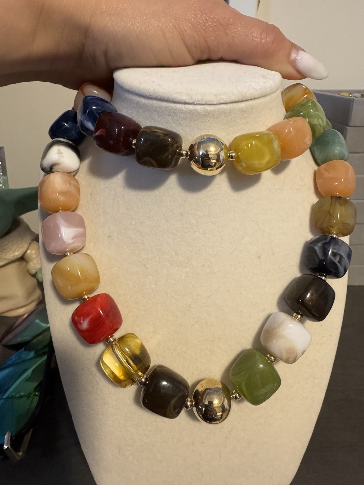 Multicolor Stone Beaded Necklace w/ Chunky Square Beads, Gold Tone Spacers