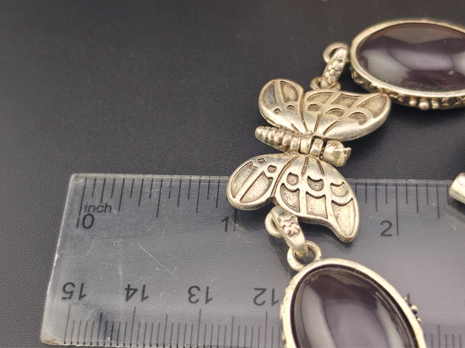 Lucky Brand Butterfly Charm 7.5″ Bracelet Black Pink Lucite Cab Silver Plated