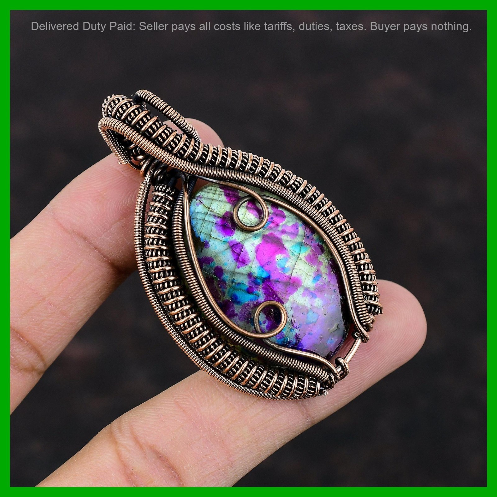 Copper Oval Natural Multi Fire Labradorite Wire Wrapped Birthday Pendant Jewelry