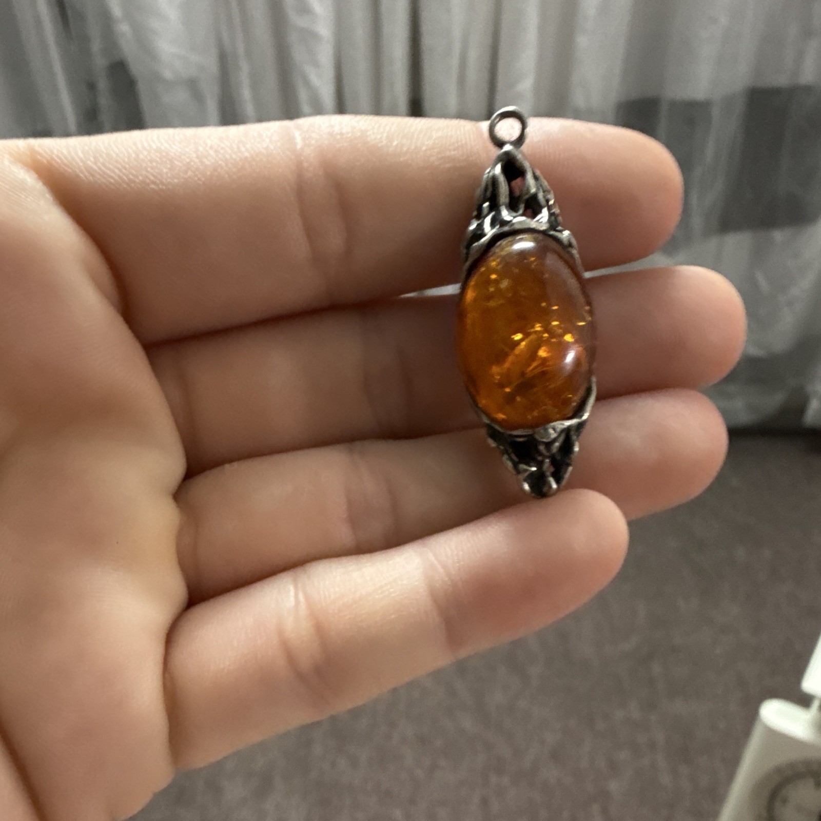 925 Silver Oval Bezel Set Charm Pendant Orange Amber Cabochon w/ Bail Loop
