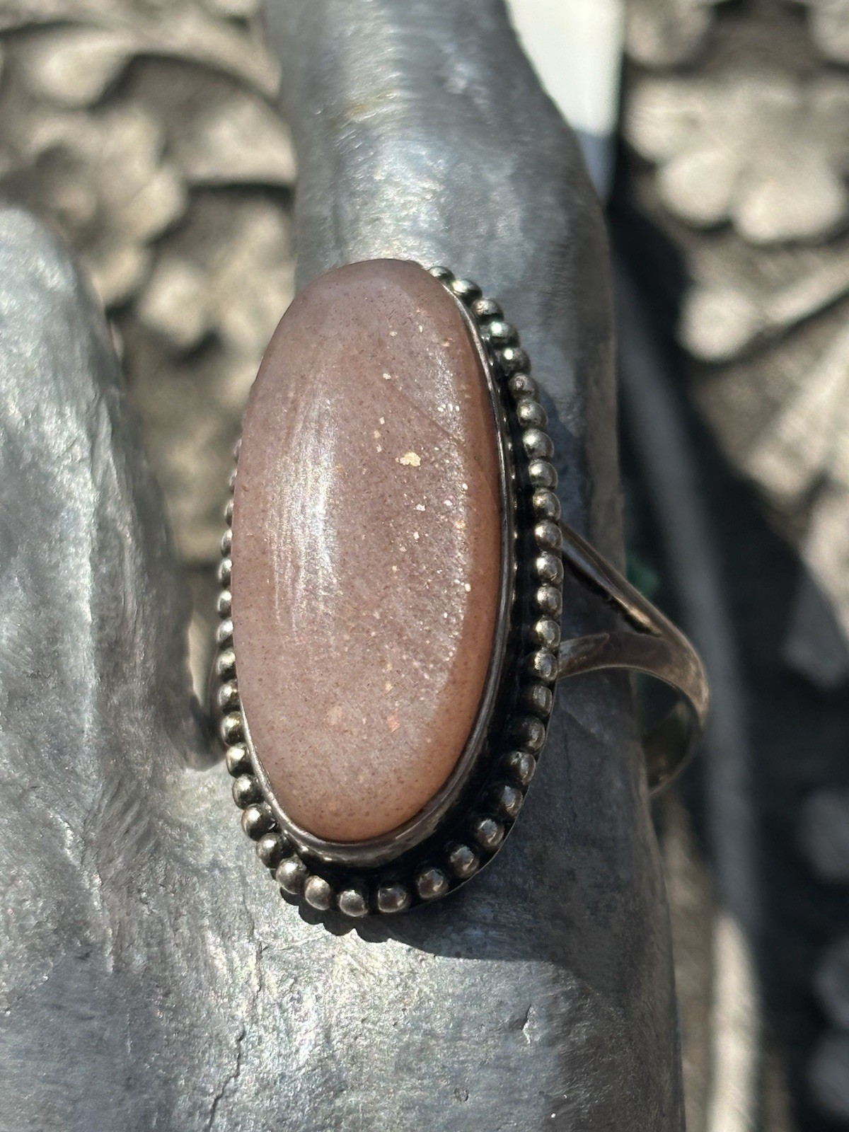 Handmade sterling silver peach moonstone ring size 9