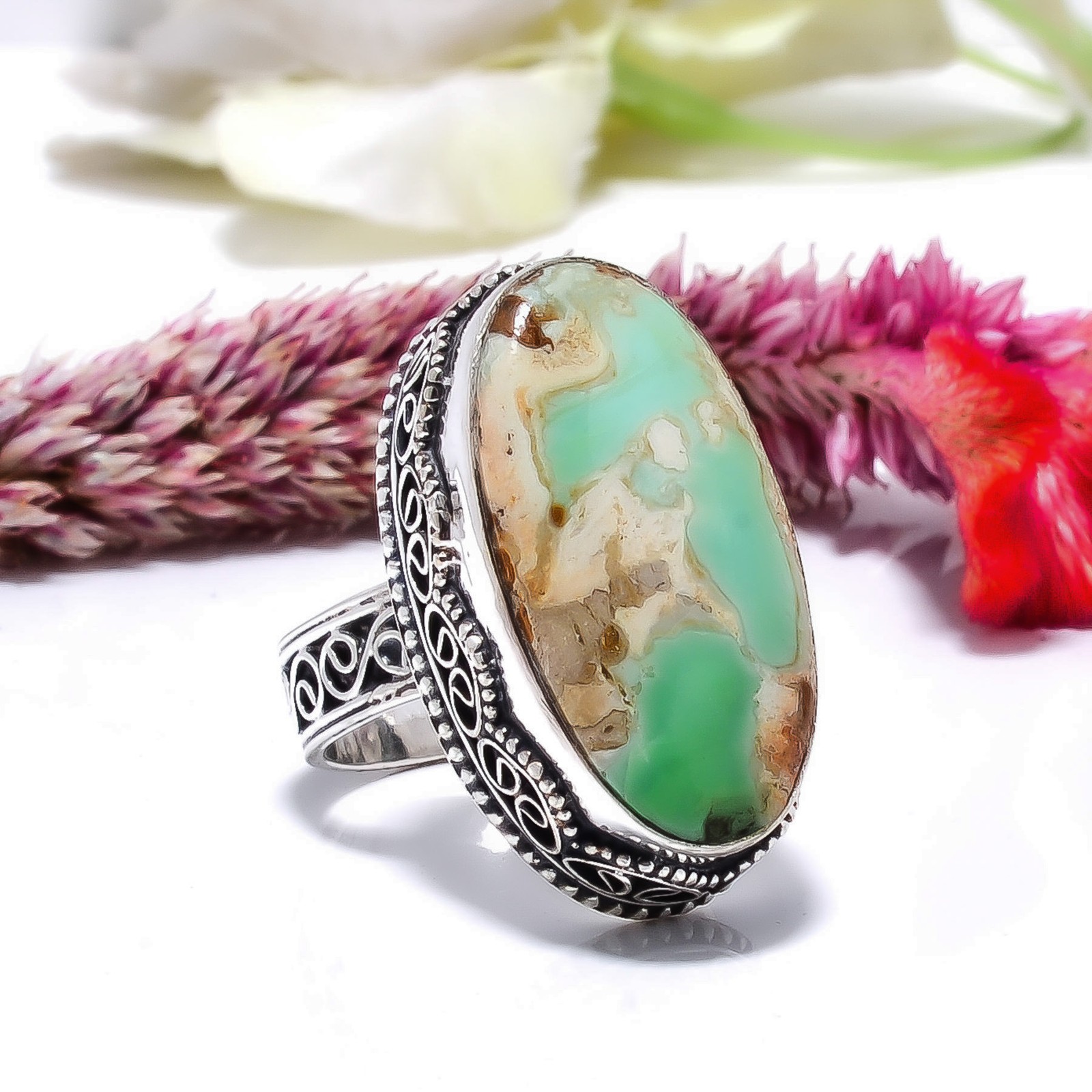 Variscite – Green Turquoise Fine Art Oxidised 925 Sterling Silver Ring S.9.5 R53