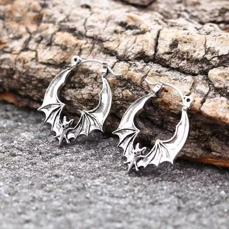 Bat Hoop Earrings Retro Goth Gothic Halloween Style in Antique Silver Plated