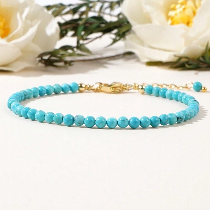Natural Blue Turquoise 2mm Beads Birthstone Crystal Minimalist Dainty Bracelet