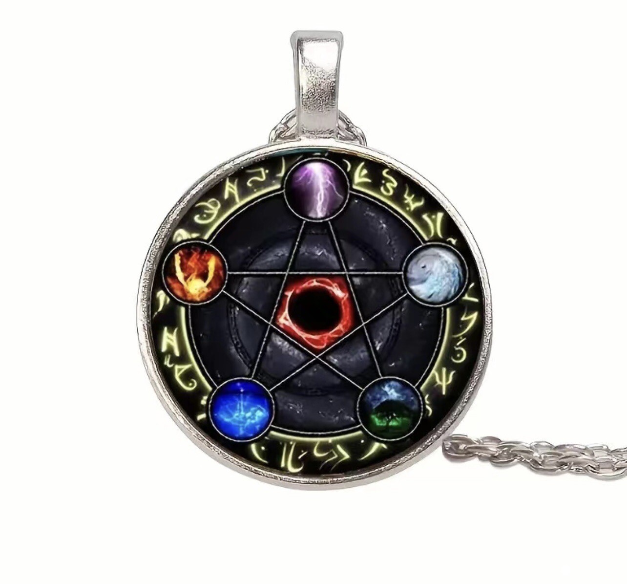 Fashion Pentagram Pattern Pendant Chain-Time Gem Style Round Glass
