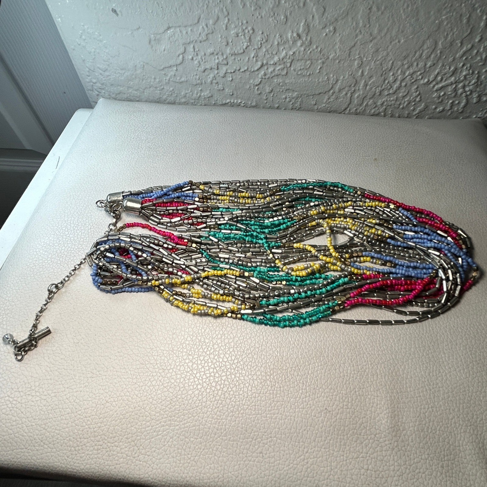 Multicolor Layered Beaded Necklace Silver Bar Toggle Boho Statement