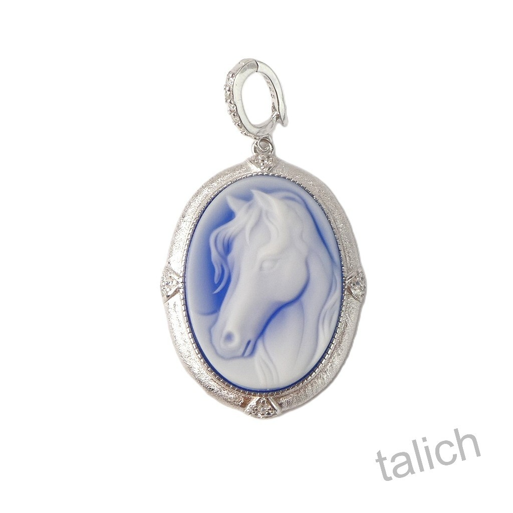 925 Sterling Silver Blue Agate & CZ Horse Cameo Pendant Fine Elegant Gift Idea