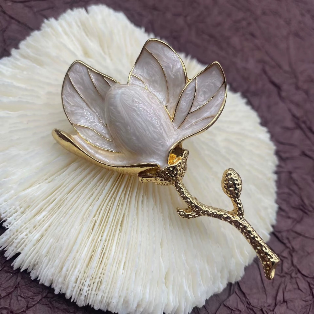 Sparkly White Magnolia Flower Brooch Plants Gold Pin Spring Summer Jewelry Gift