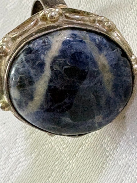Sodalite Bezel Set Silvertone Ring Oval Blue Stone 1″ Face, Size 7–7.5