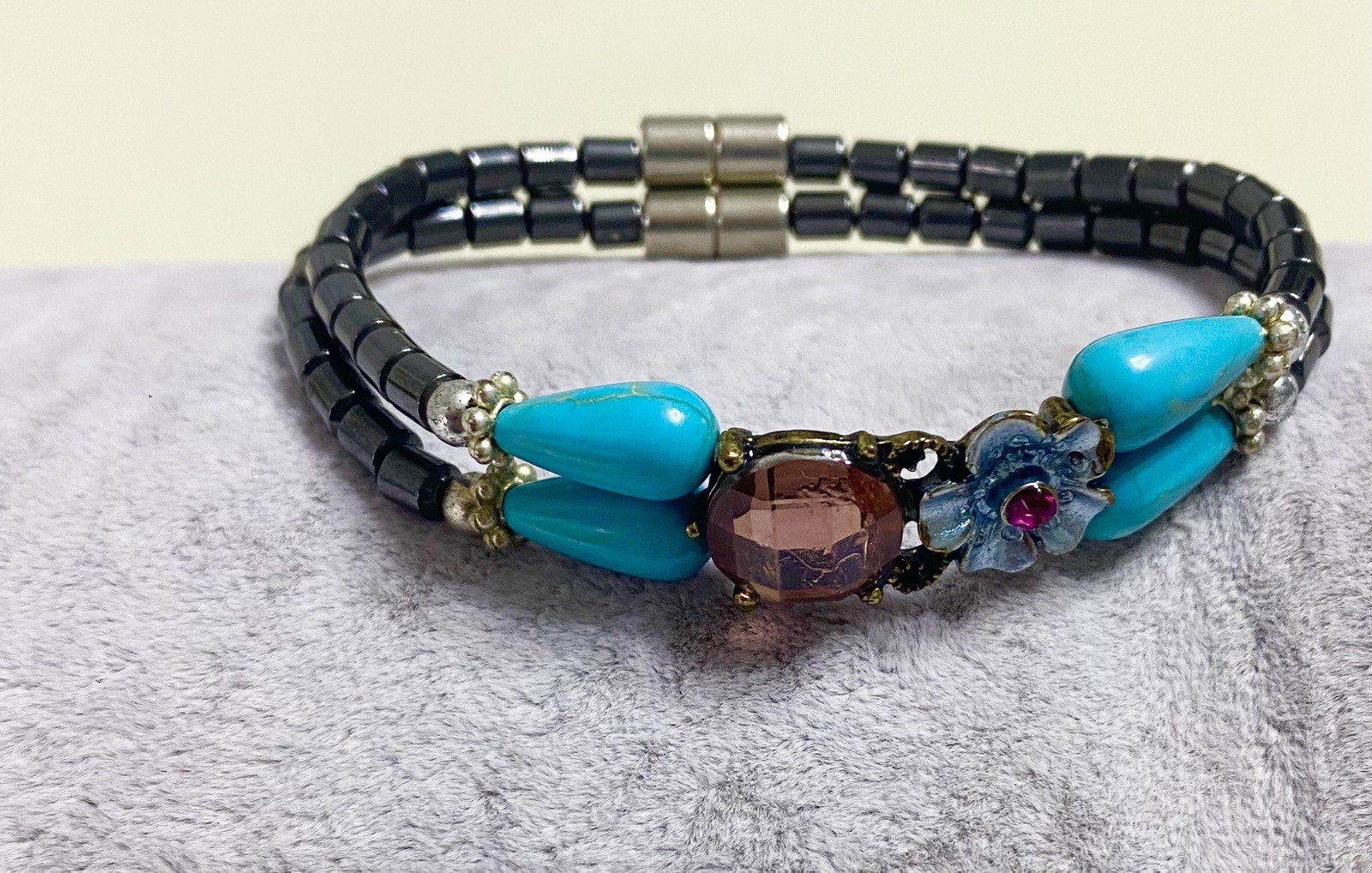 Blue Turquoise Colored Accents Magnetic Hematite Double Bracelet w/Magnet Clasp