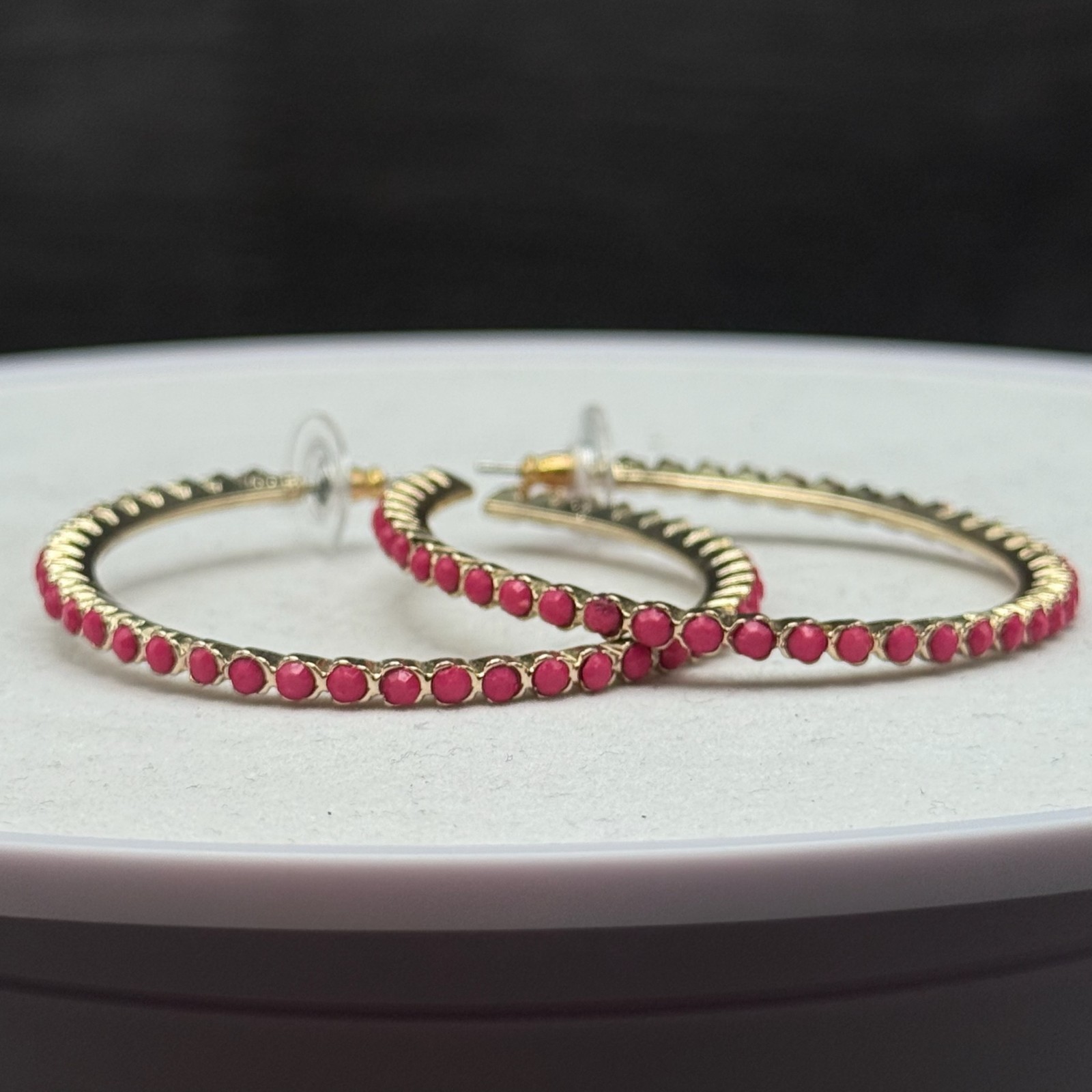 Vintage Plastic Coated Aluminum Pink/Magenta Rhinestone Fashion Enamel Hoop