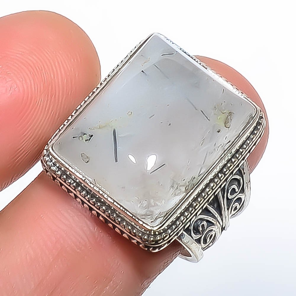 Salt Paper Rutilated Quartz – Srilanka 925 Silver Plated Fine Art Ring s.9 T24