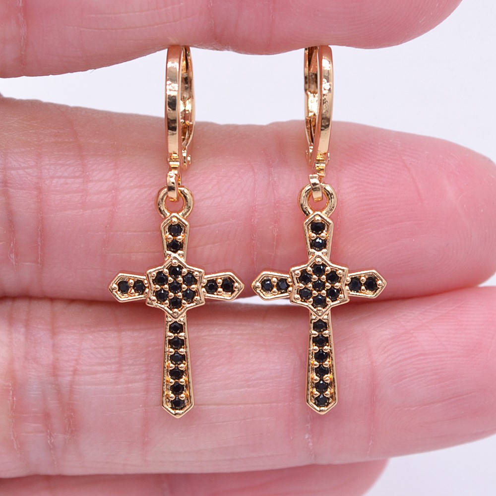 18K Yellow Gold Filled Women Black Mystic Topaz Cross Dangle Earrings Jewelry