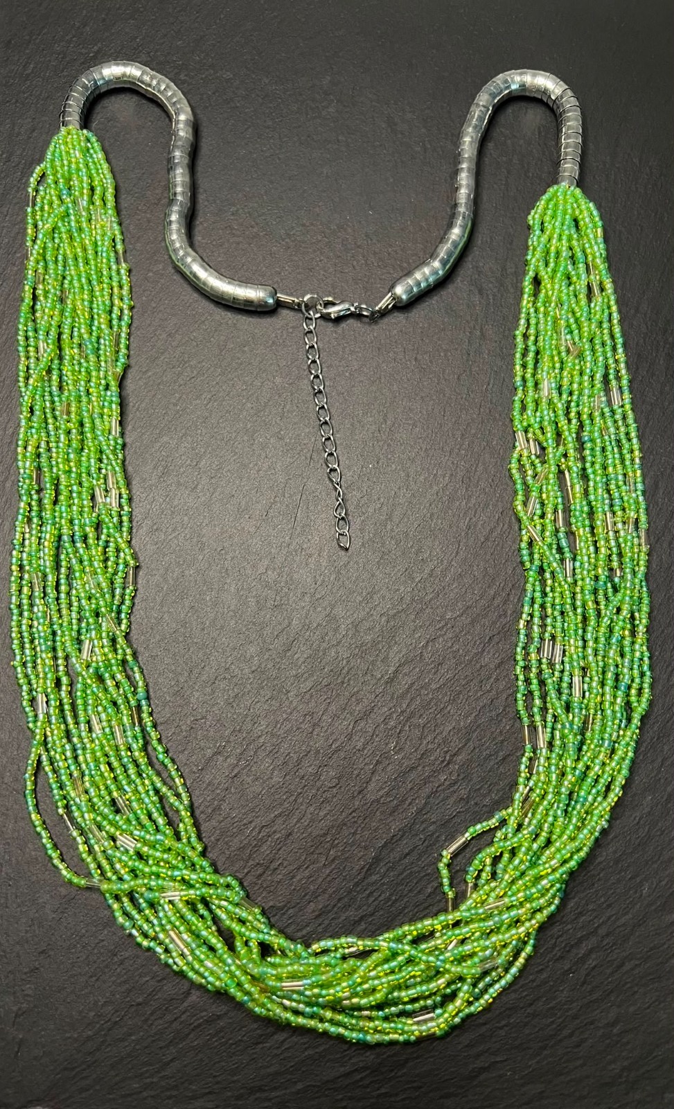Vintage Lime Green Multi Strand Seed Bead Necklace Boho African Statement 74-80c