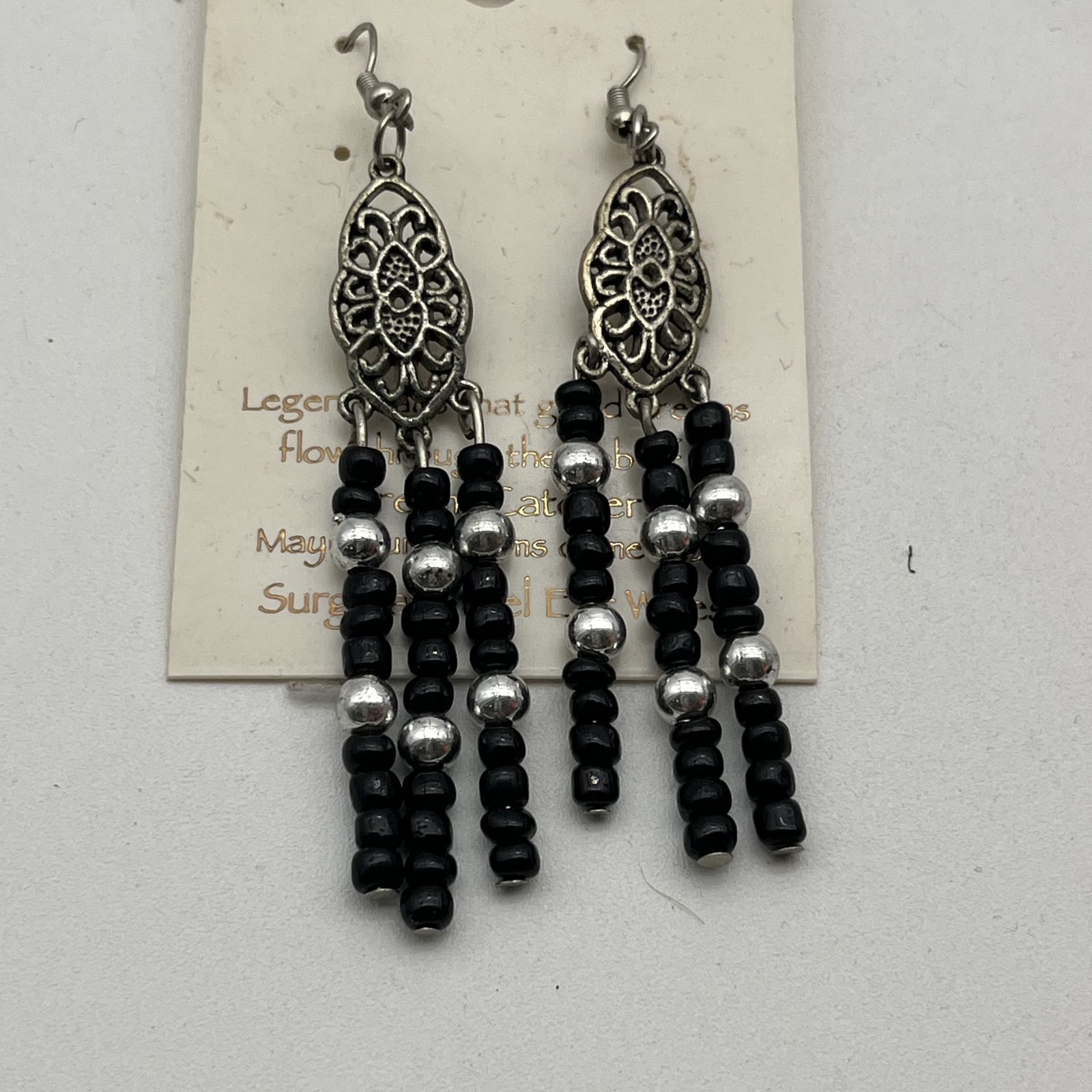 Dream Catcher Silver Tone & Black & Silver Beaded Dangle Earrings