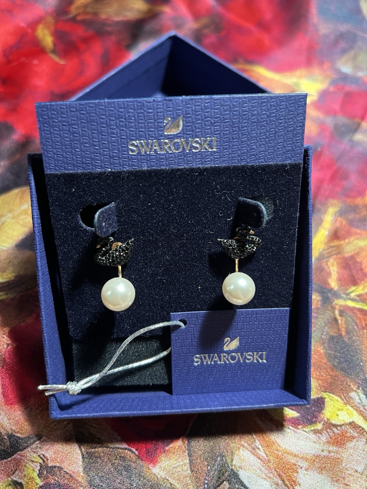 Swarovski Iconic Swan Jacket Stud Earrings Black Crystal Simulated Pearl w Box