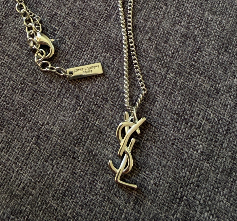 Saint Laurent Pendant YSL Necklace Monogram Silver Tone Adjustable Chain Luxury