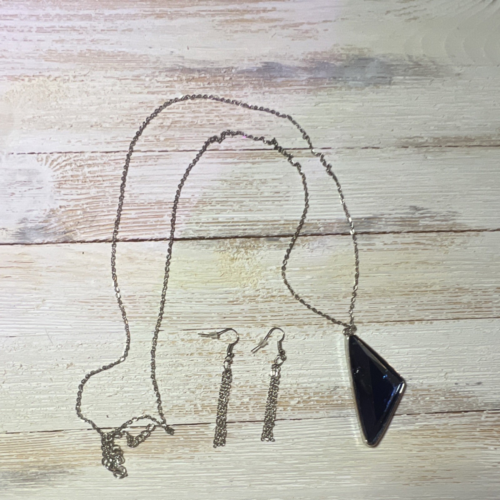 Silver Tone Blue Triangle Pendant Necklace & Tassel Earrings Jewelry Set