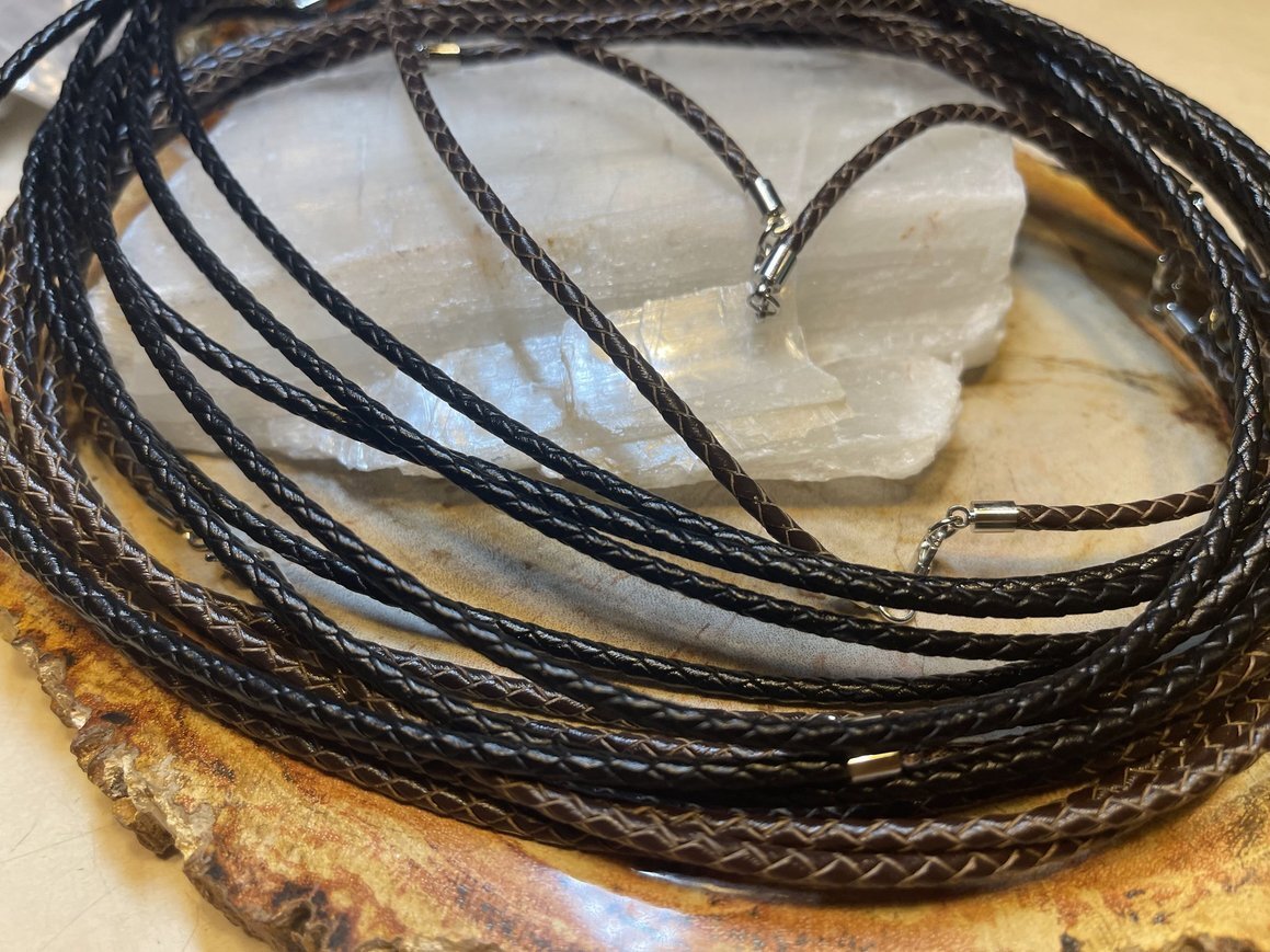 Braided Leather for Necklace Making wth Lobster Clasps Black or Brown 3 mm. 3pcs