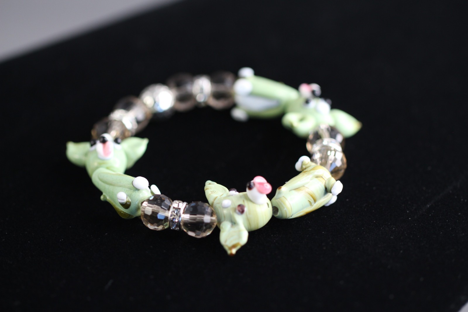 Dog Bracelet Green Lampwork 6.5″ inch Elastic Glass Beads Brown Crystal Ball