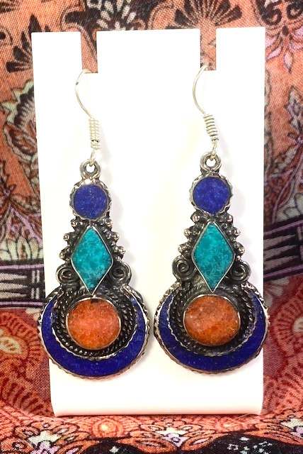 Lapis Lazuli Coral Turquoise Gemstone Drop Dangle Ethnic Tibetan Earrings 2.4″