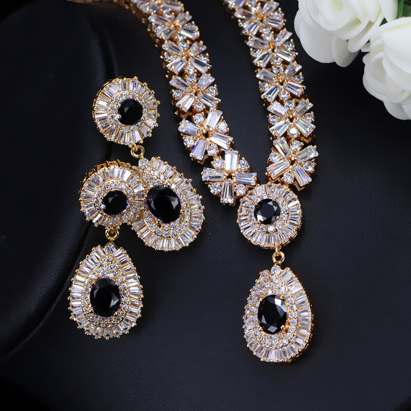 Luxury Bridal Green CZ Crystal Wedding Gold Plated Necklace Earrings Jewelry Set