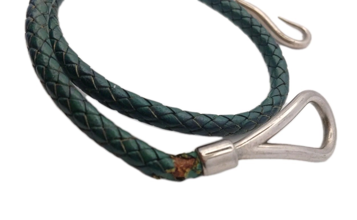 Hermès Jumbo Bracelet Green Braided Leather Palladium Plated Boxed *Please Read*
