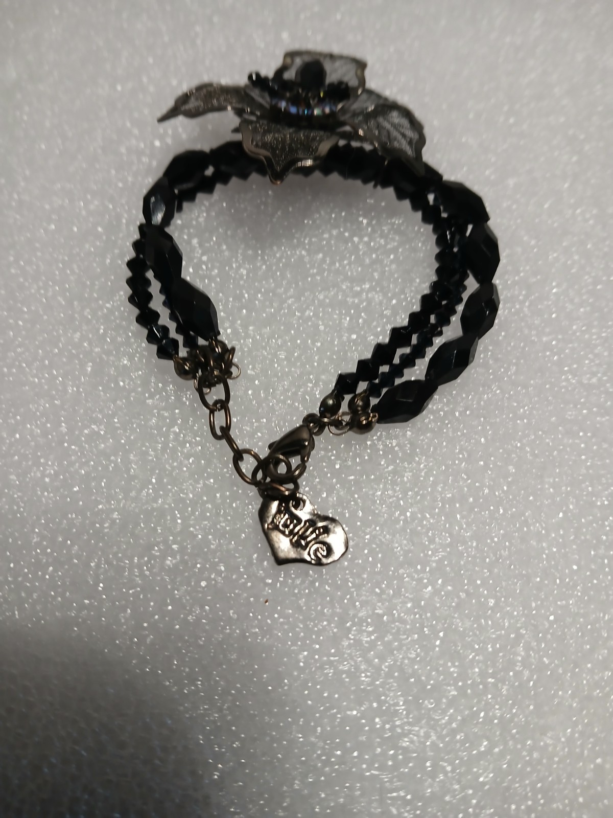 Black Beaded Three Strand Bracelet Mesh Flower Heart Charm Julie Boho Statement