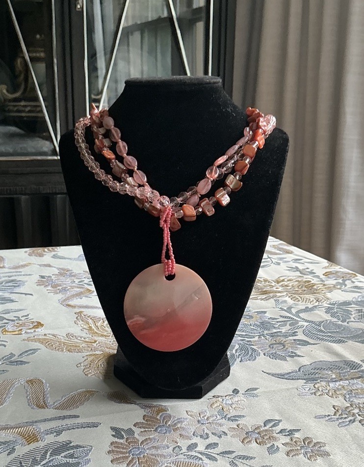 Pink Dyed Shell Pendant And Multistrand Beaded Necklace 17.5”-20.5”
