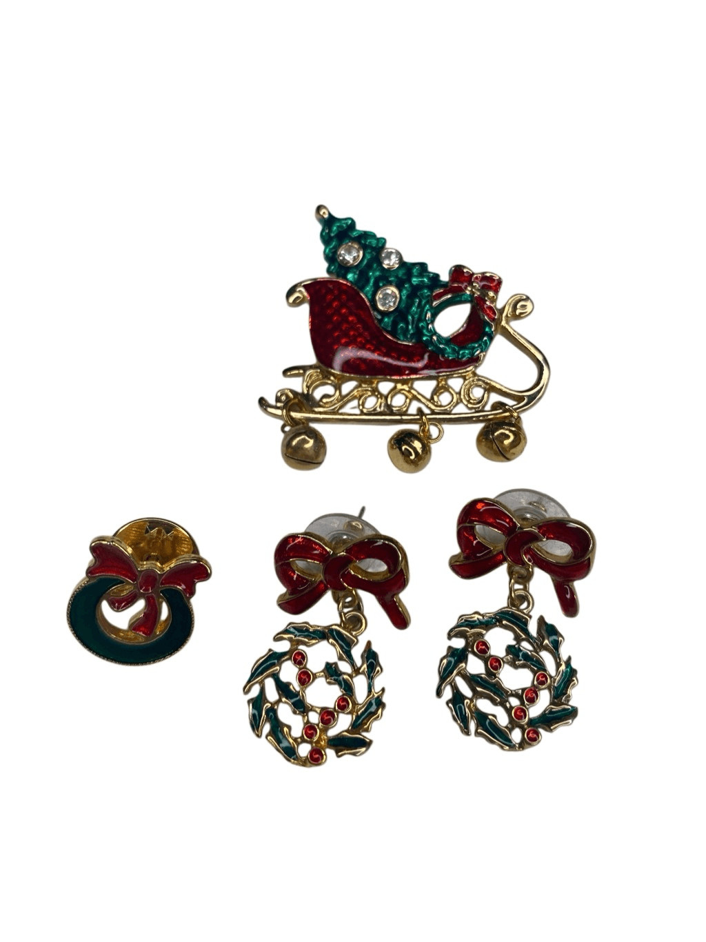 Christmas Sleigh Pin Wreath Pin and Holly Wreath Dangle Earrings Festive Jewelry