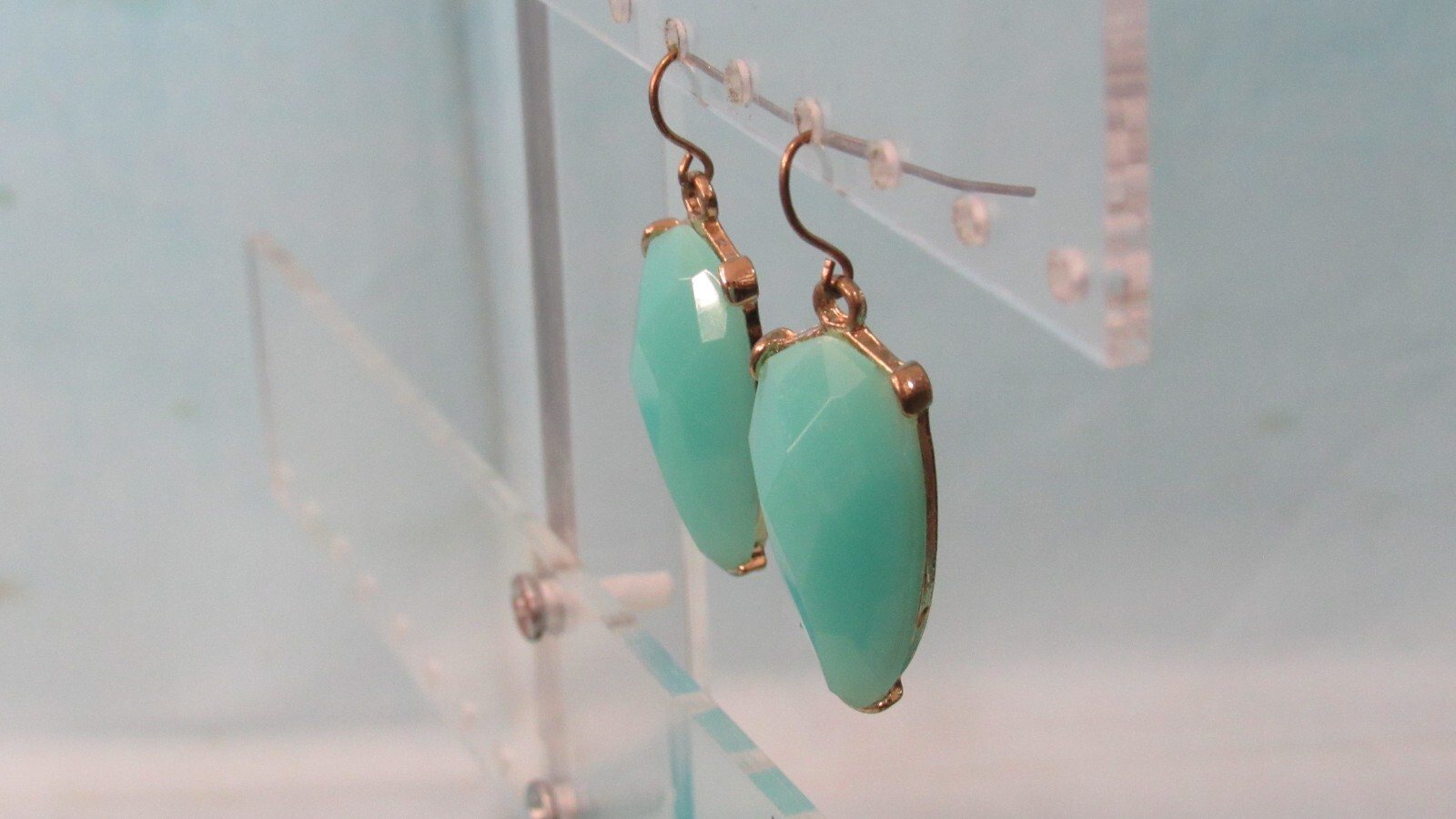 Gold Hook Earrings with a Dangling Aqua Green Bead