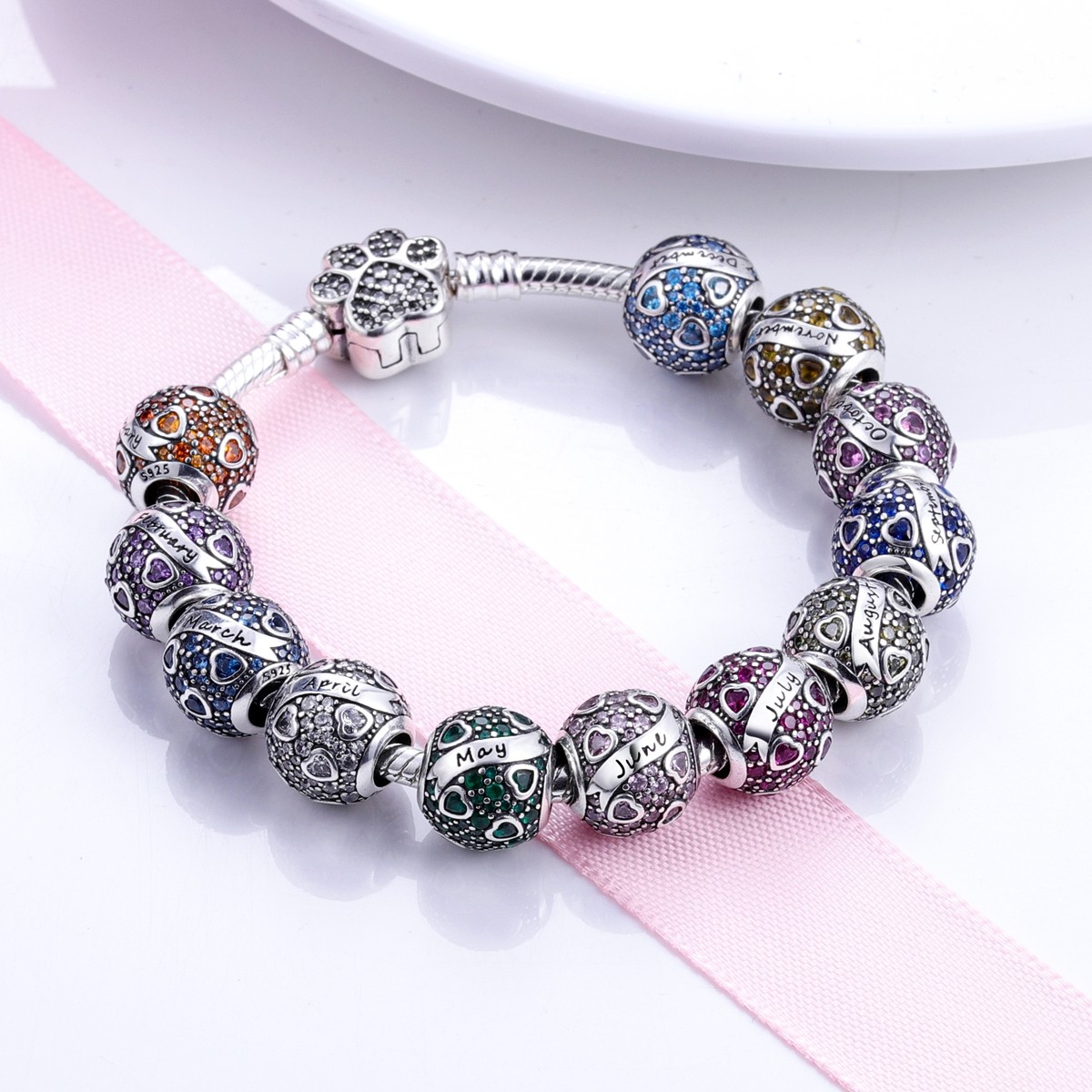 LAZA Original 12 Month Birthstone 925 Silver Bead Charms CZ fit Women Bracelets