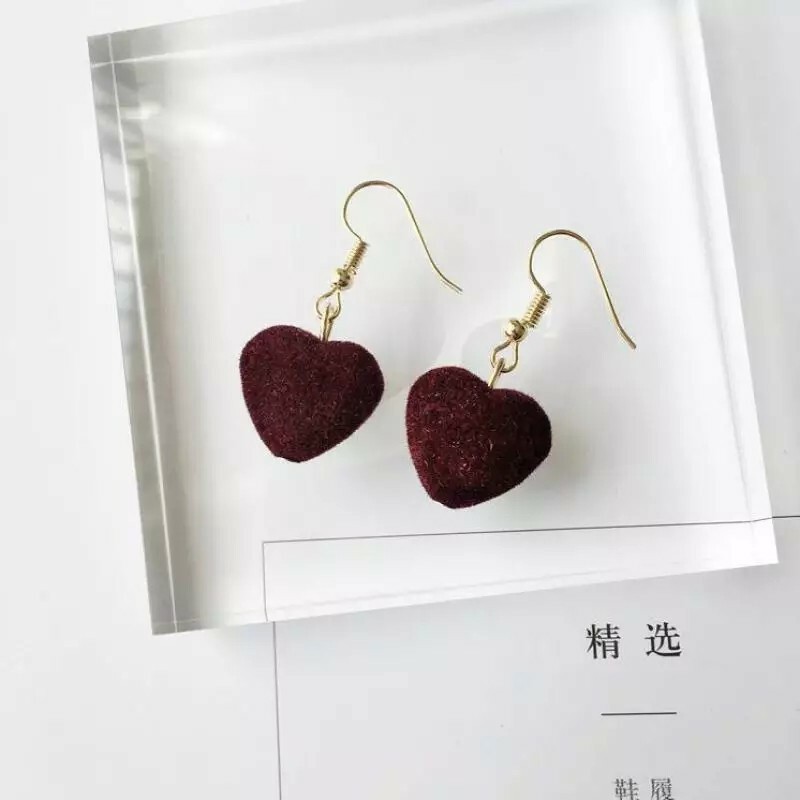 New Retro Velvet Sweet Girl Geometric Love Hair Ball Heart Earrings Jewelry Stud
