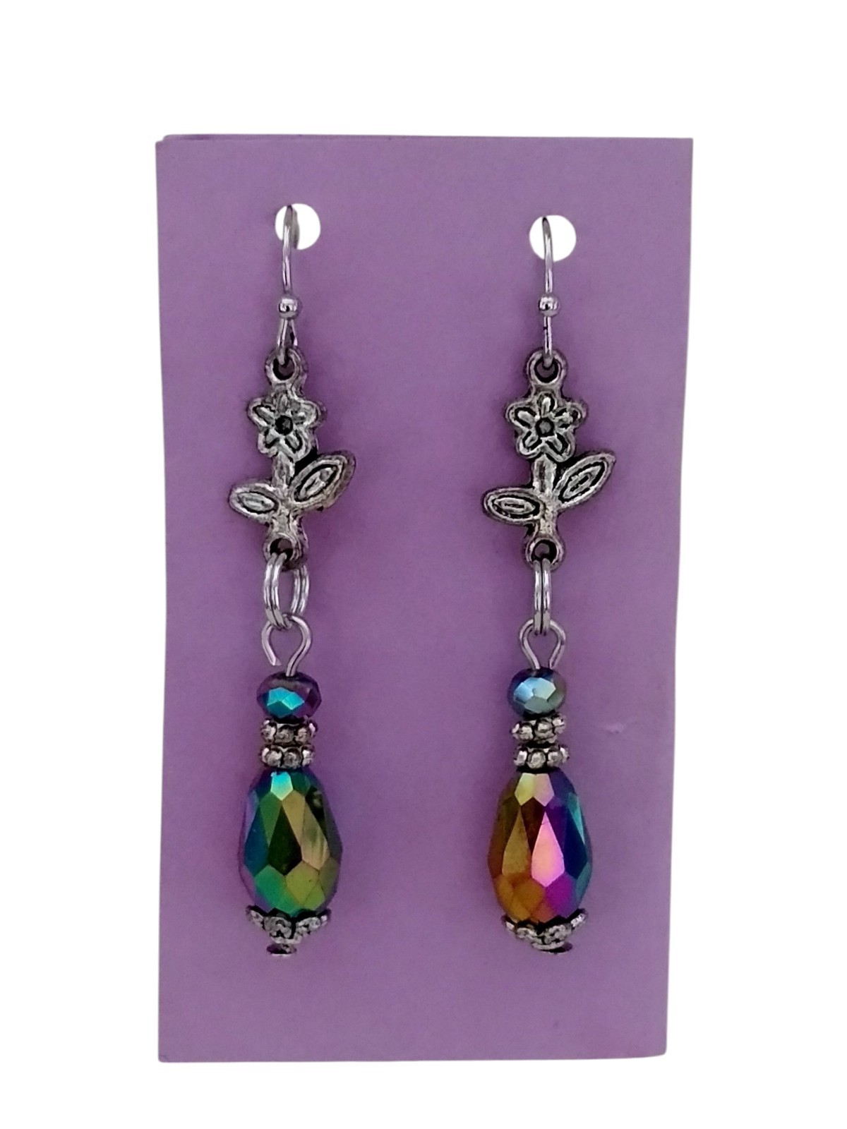 Handcrafted IRRIDESCENT BEADS SILVERTONE FLOWERS Double-Sided Dangle Earrings