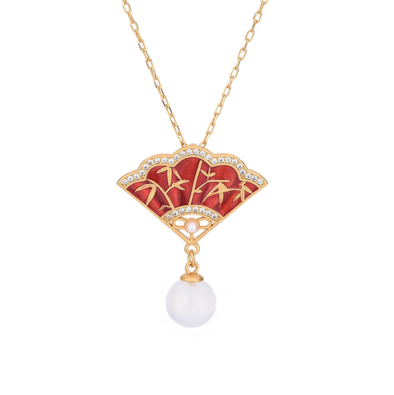 1.2″Jade Jewelry Cloisonne Fan Charm Pendant with Chain Necklace 18K Gold Plated