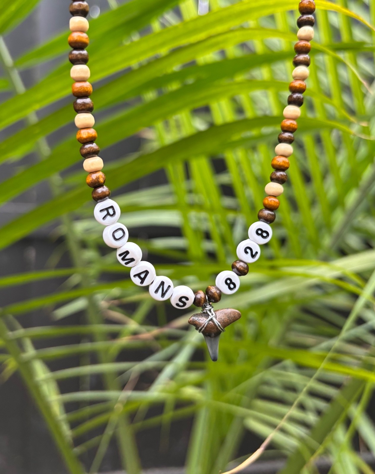 Beaded hand made Shark tooth necklace -“Romans 8:28” (Multiple Teeth Available)
