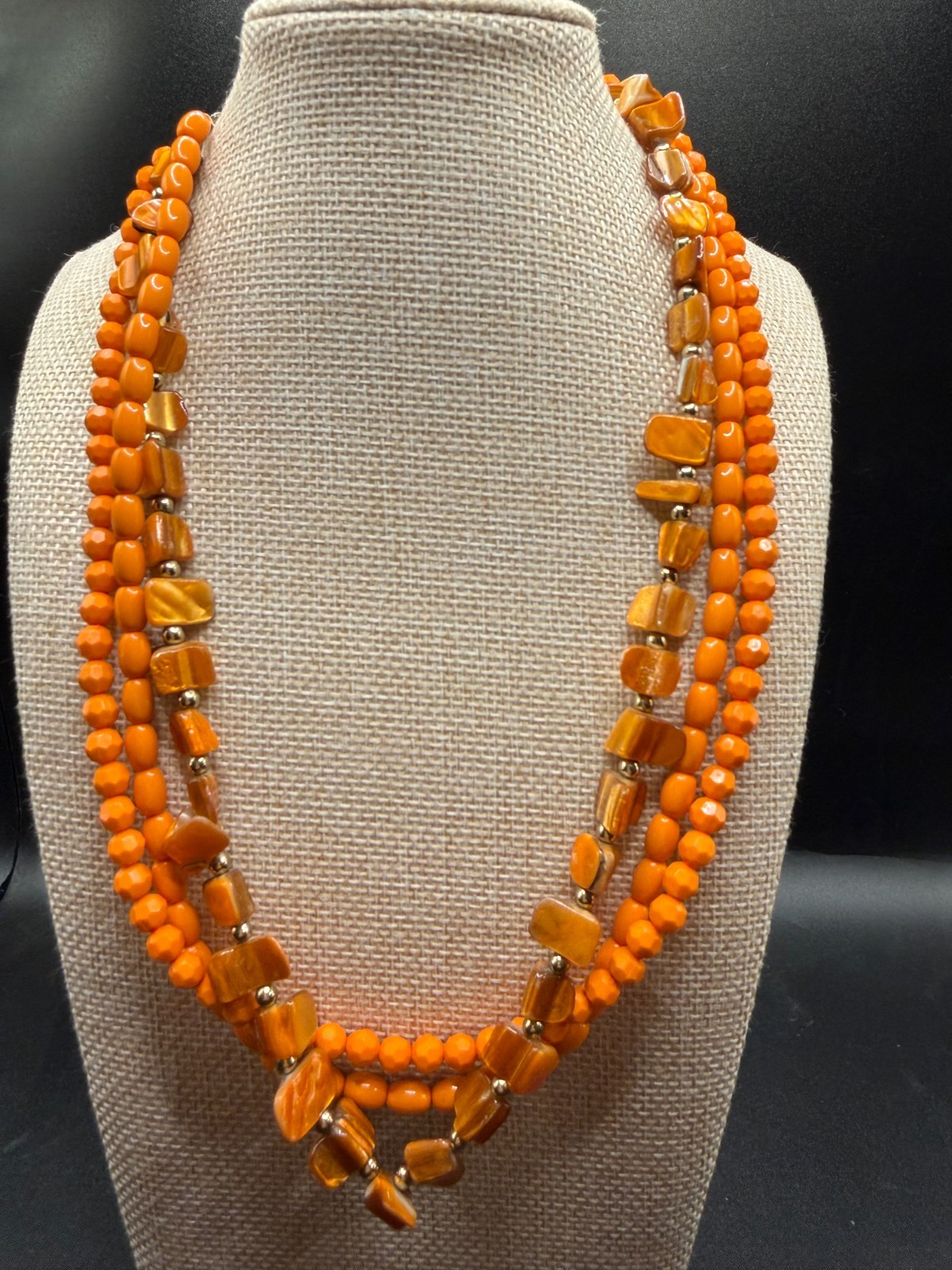 Orange Multi Strand Tiger’s Eye Style Beaded Necklace Gold Tone 30” Statement Ne