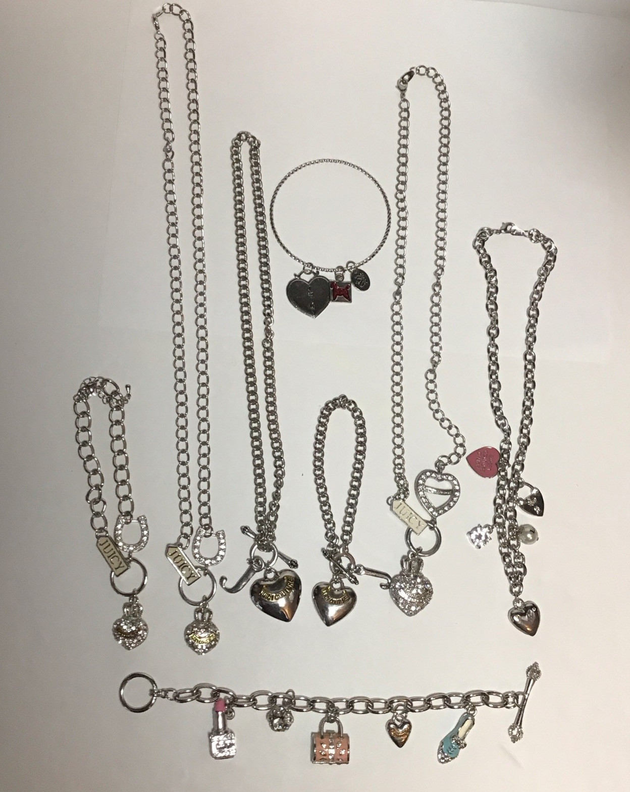 Juicy Couture Lot Bracelets Necklaces Inc 2 Matching Sets Silver Tone Pave Charm