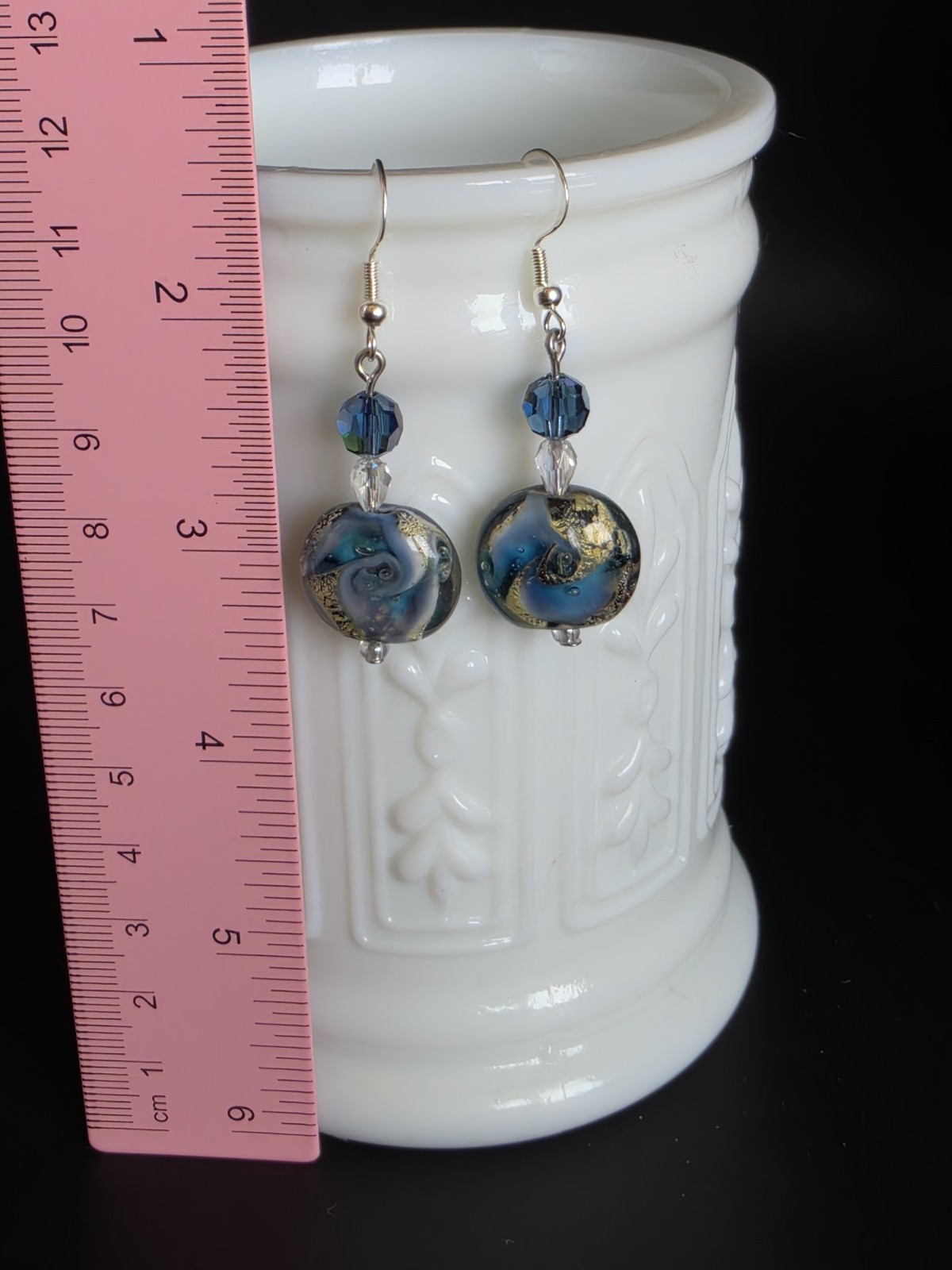 Blue Lampwork Glass Bead Hook Dangle Drop Earrings Silver Tone Handcrafted
