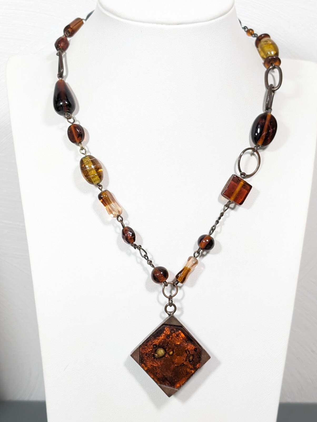 Icing Dark Bronze Tone Brown Glass Square Pendant Beaded Necklace 19 in