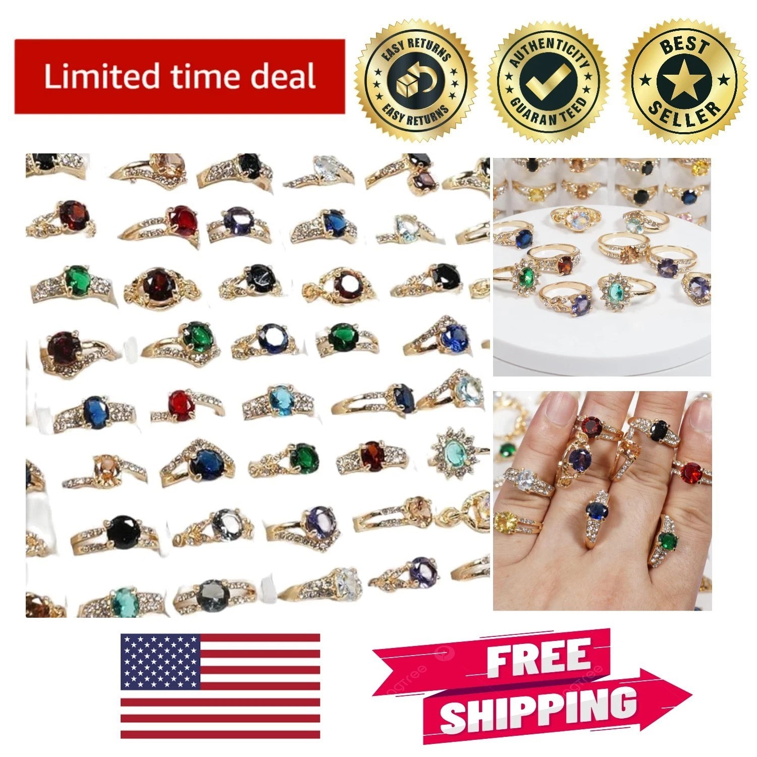 Bulk Pack of 50 Colorful Rhinestone Rings – Ideal for Layering & Stacking